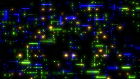 Vibrant-grid-of-glowing-green,-blue,-and-yellow-pattern