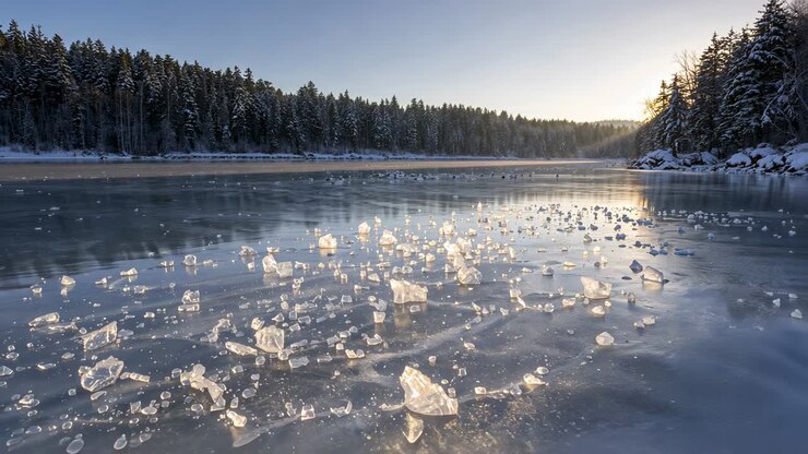 Moving camera sweeping over frozen lake capturing closeup clear ice discs under sun with pine trees