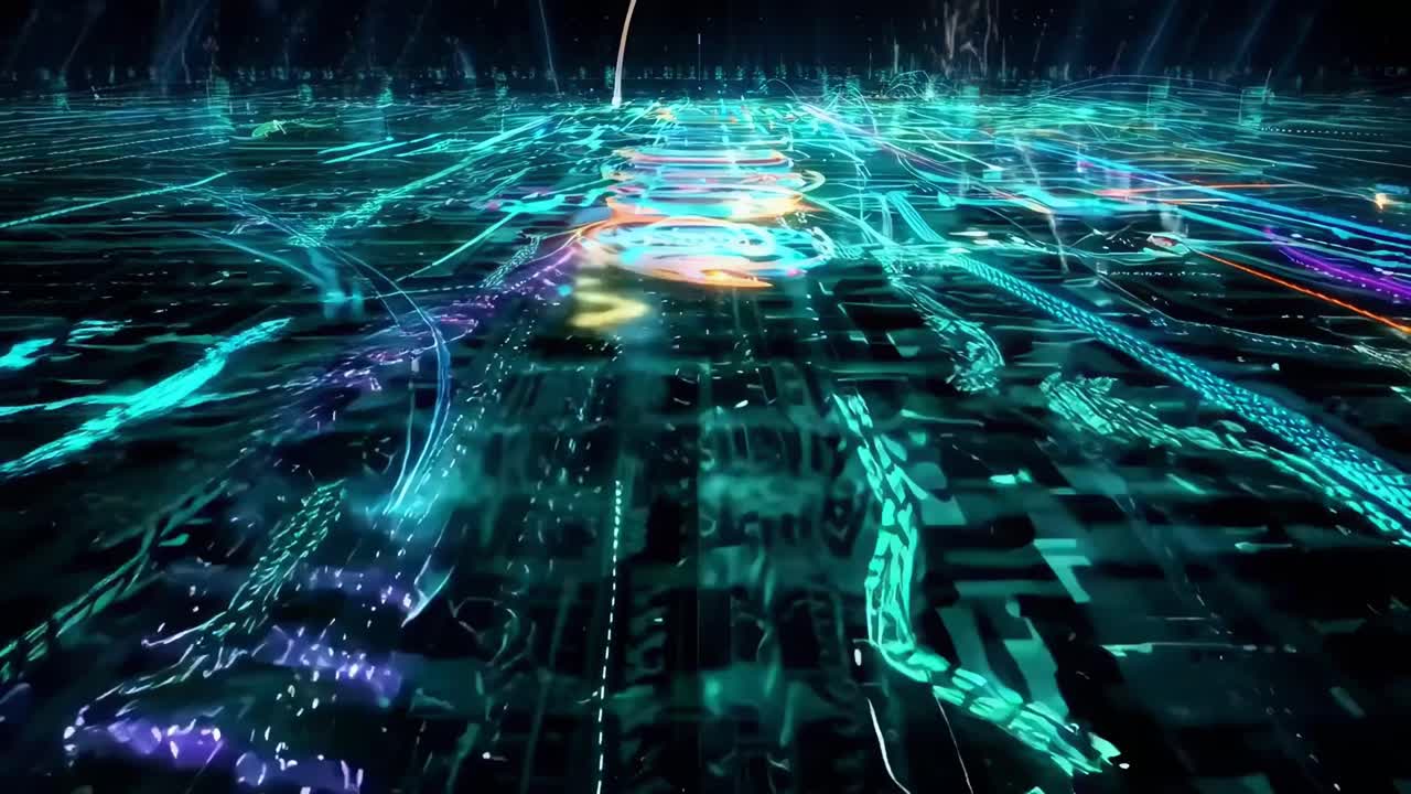 Futuristic digital grid with neon lines, captured from a low-angle