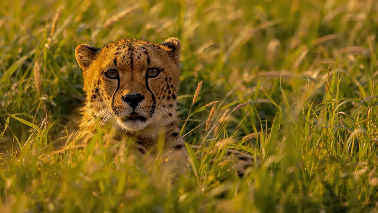 Detecting movement adult cheetah shifting gaze and turning head in savannah plain, scanning grass