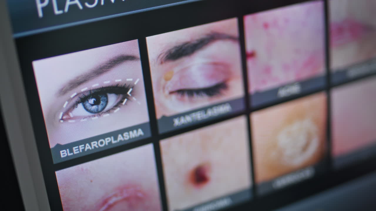 Primo piano di una cosmetologa che lavora al monitor, scegliendo una procedura di ringiovanimento.