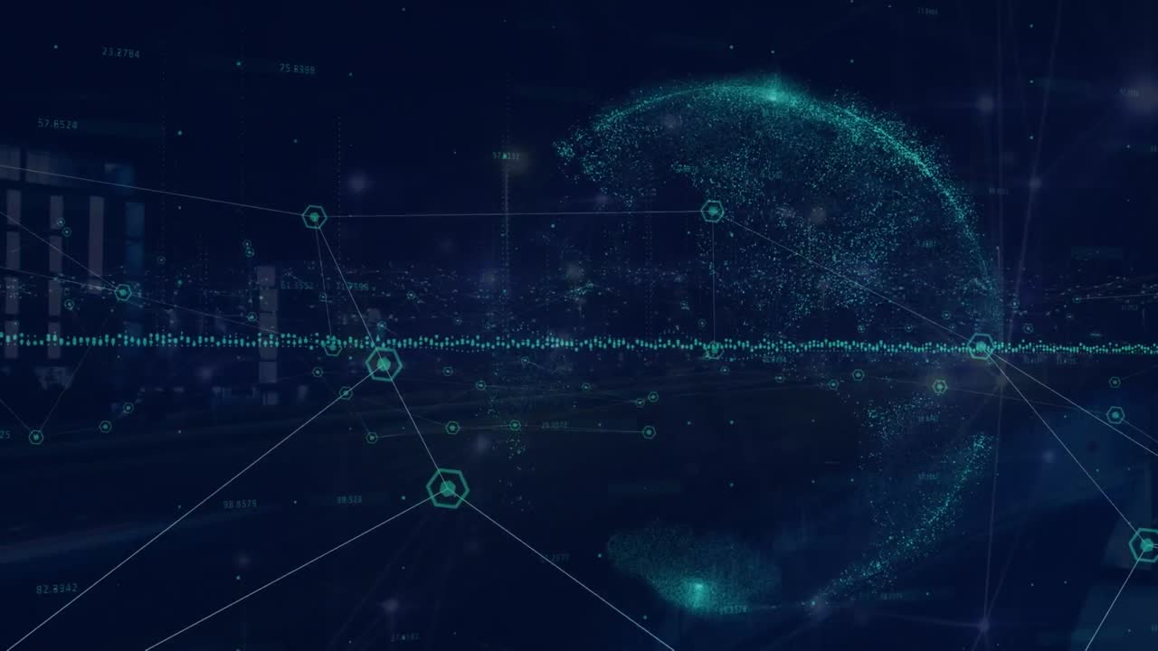 연결 네트워크와 도시 풍경 위의 지구의 애니메이션
