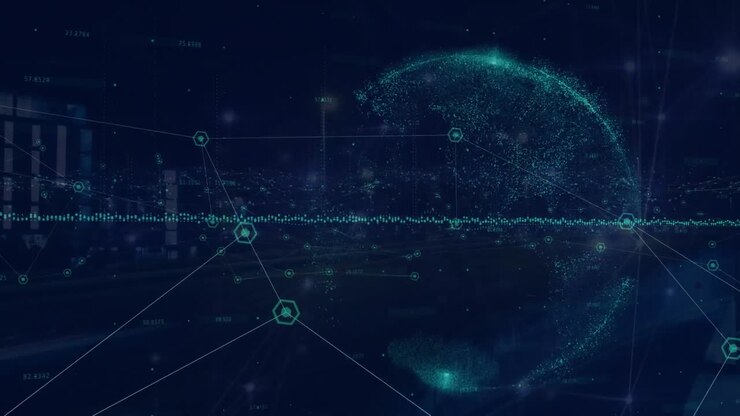 Animation of network of connections and globe over cityscape