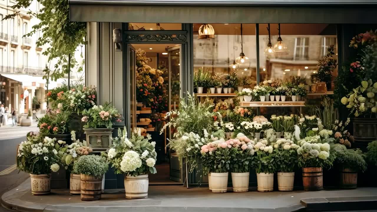 Street-level video angle capturing a charming flower shop with vibrant blooms in pots