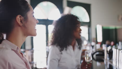 two businesswomen meeting for after works drinks in bar