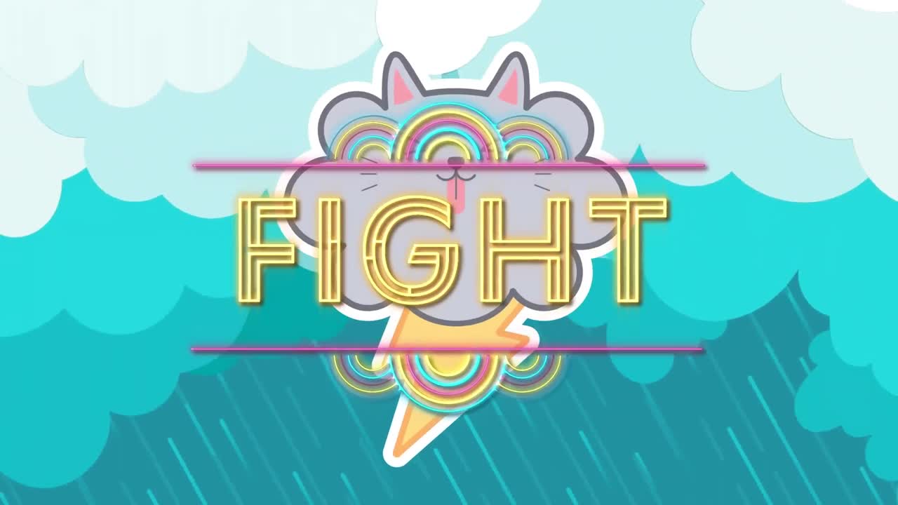 폭풍 구름 고양이와 비 위에서 싸우는 텍스트의 애니메이션