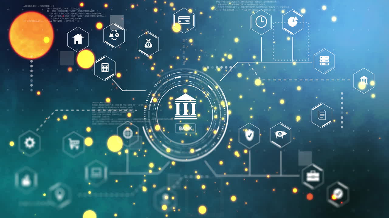 Animation of bank icon with digital network and financial technology symbols