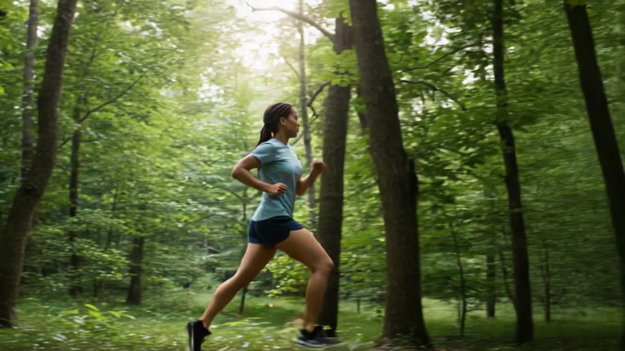 A runner gracefully navigates through a serene forest environment, embracing the tranquility and challenge of nature while maintaining a steady pace amidst towering trees