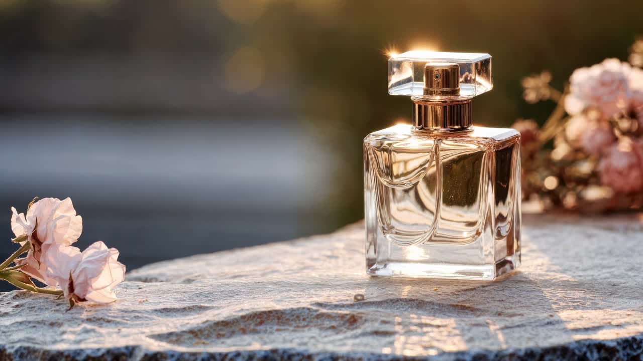 Elegante flacone di profumo su una superficie baciata dal sole, ripreso all'altezza dello sguardo.