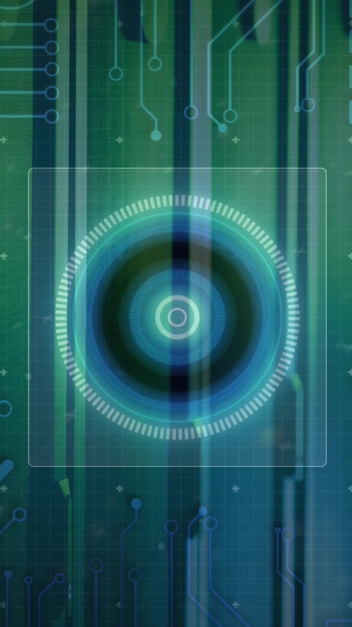 Animation of circles, globe and circuit board pattern against server room