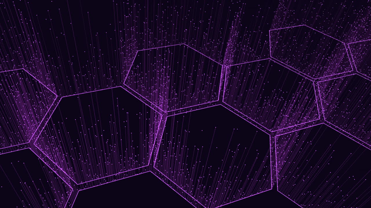 Futuristic hexagonal grid with glowing purple lines in a pattern intersecting at hexagon points, creating a captivating visual effect