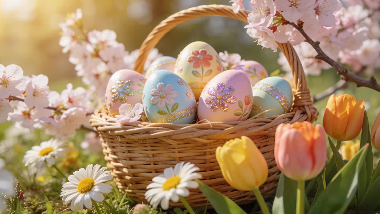 Starting camera panning and closing in on wicker basket in garden, revealing pastel eggs and tulips