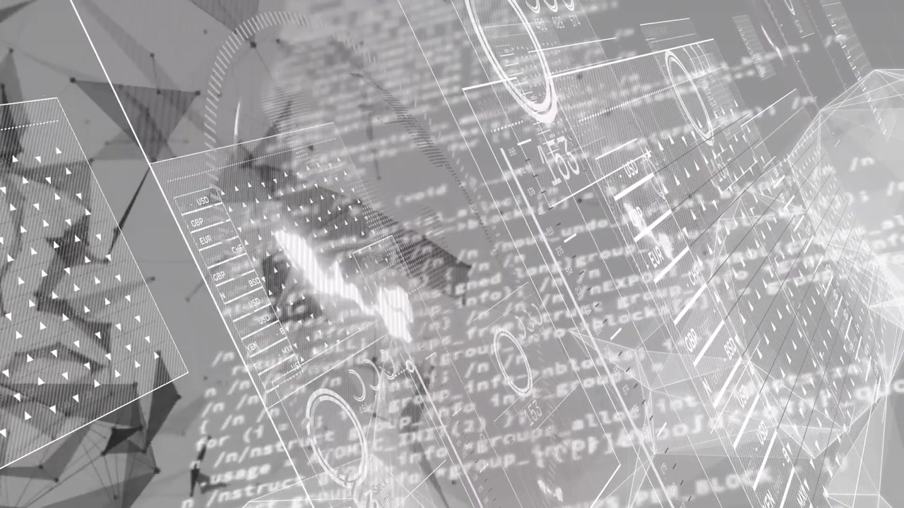 Animation of interface with data processing and plexus networks against grey background