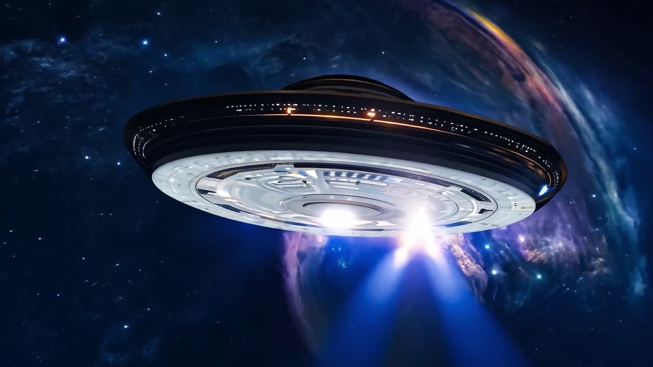 Ufo emitting blue beams hovers near a vibrant nebula in deep space, showcasing advanced alien technology