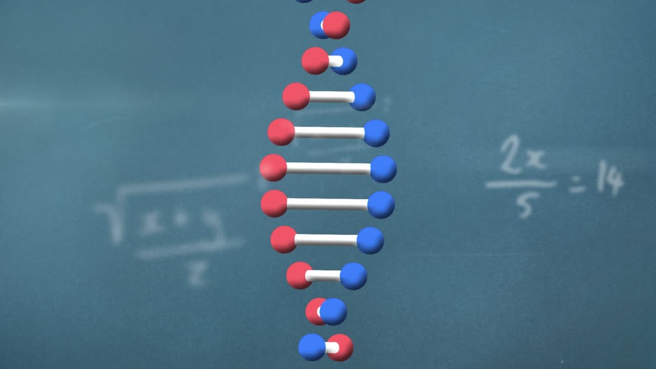 Animazione di elaborazione dati e filamento di DNA su sfondo blu