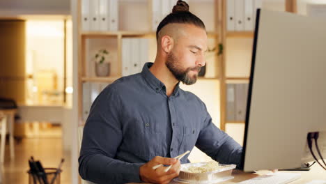 business man, dinner and night in office