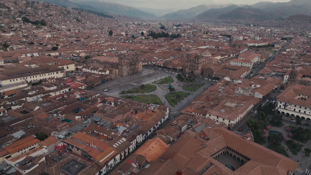 Panorama Of Historic City Center With The Plaza de Armas Of Cusco, Peru. Aerial Drone Shot