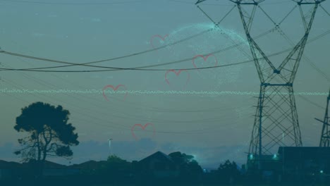 animation of hearts falling over high voltage lines