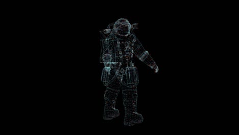 astronauta holograma wireframe. buena animación 3d en un fondo negro con un bucle sin costuras para proyectos de futurología