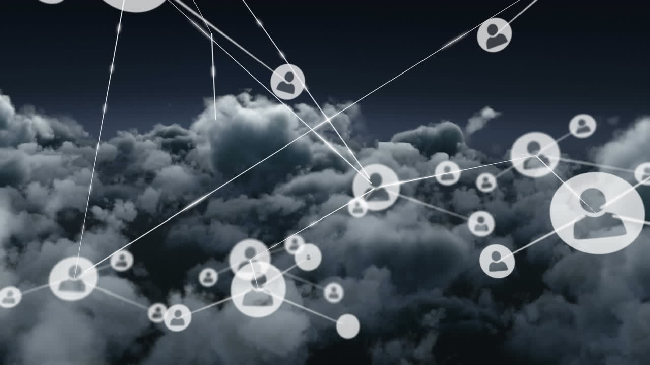 animación de la red de conexiones con iconos sobre el cielo