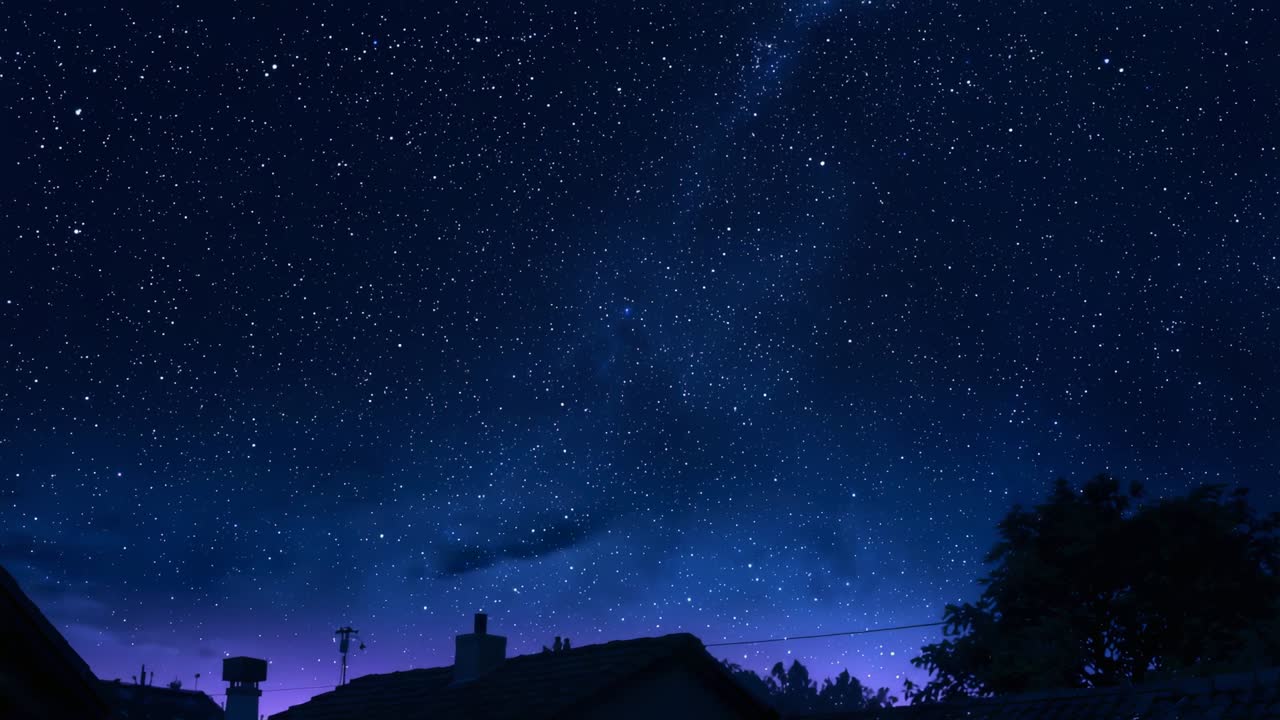 Camera capturing stars and drifting clouds across roofs, tree silhouette with Milky Way brightening