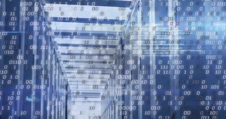 On camera holding steady floating binary digits filling server rack corridor visualizing data flow