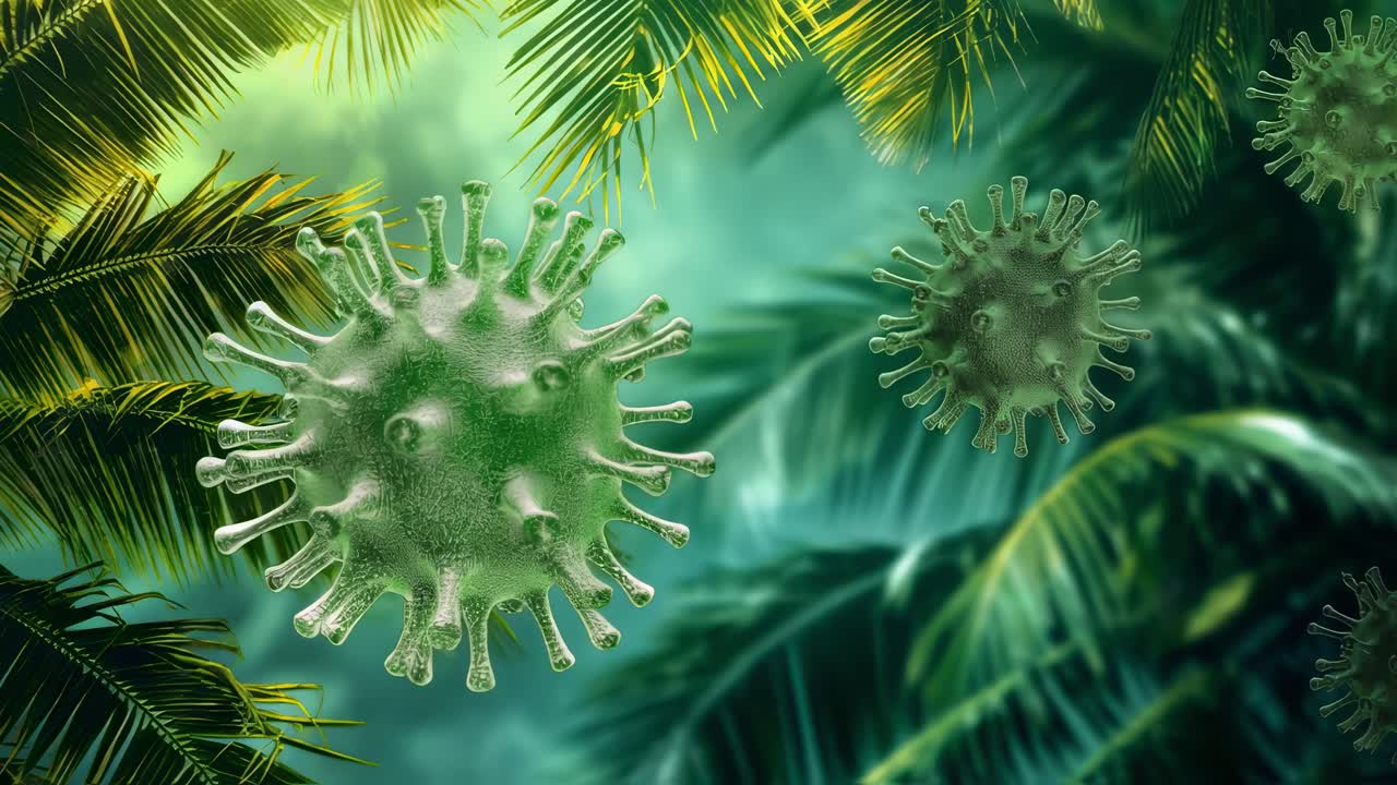 Microscopic visualization capturing virus cells navigating dense tropical rainforest environment, highlighting intricate pathogen movement and potential disease transmission risks