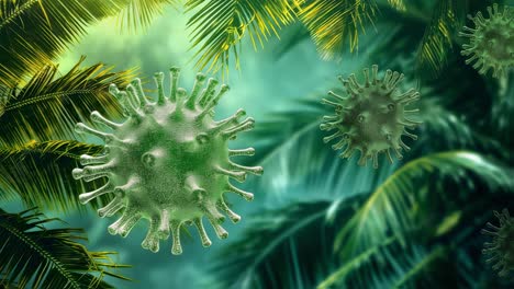 microscopic visualization capturing virus cells navigating dense tropical rainforest environment, highlighting intricate pathogen movement and potential disease transmission risks