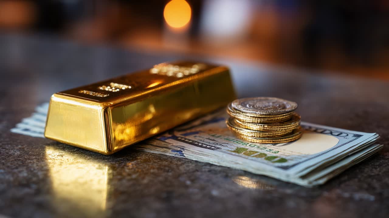 A Stunning Display of Wealth: A Golden Bar Resting Effortlessly atop a Stack of Cash and Silver Coins, Illustrating the Intersection of Luxury and Investment in a Classy Environment