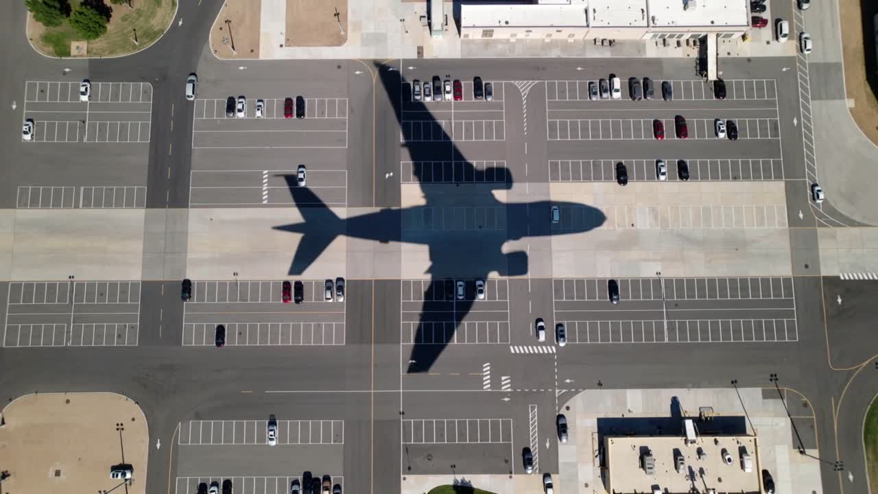 La sombra de un jet en lo alto se mueve por el estacionamiento, cruzando las plazas y los coches estacionados.