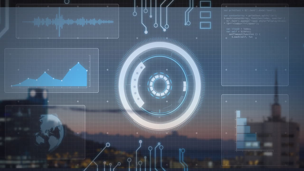 Central circular interface projecting HUD elements over blurred cityscape at dusk, animating charts