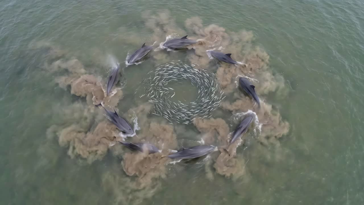 Delfiner jagar fisk i en cirkelformation