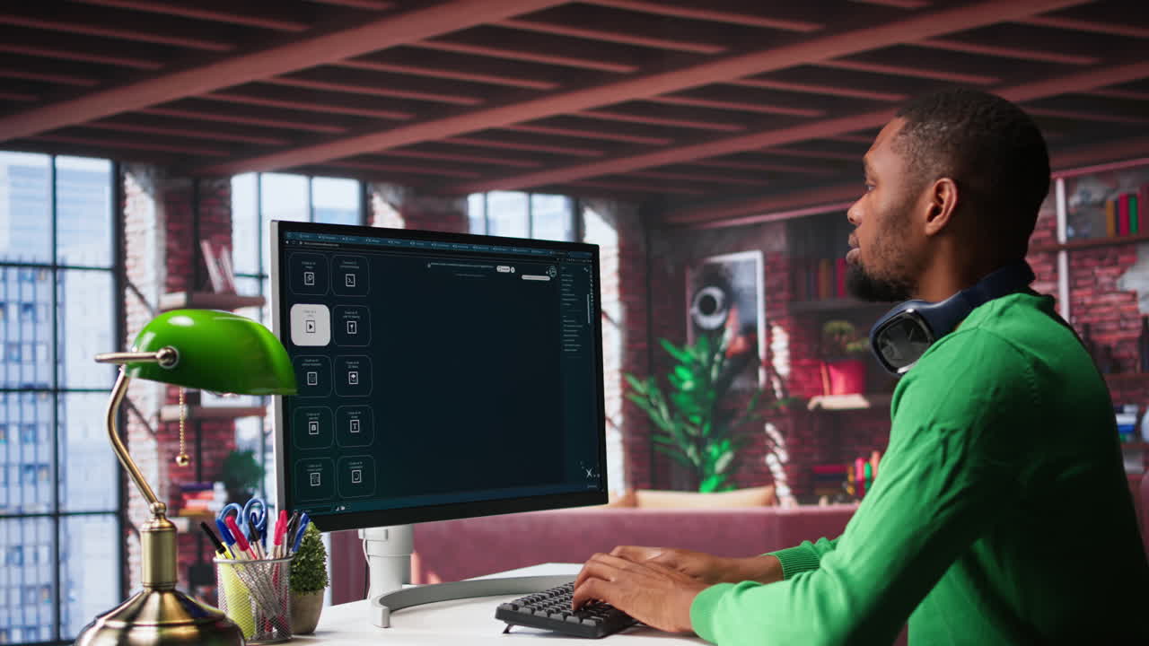 Vertical Video African American person uses AI chatbot to generate a video montage