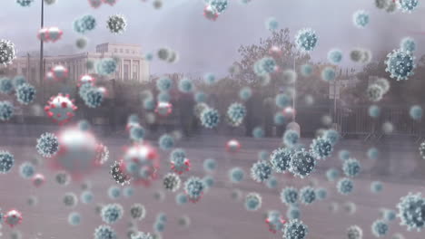 animation of covid 19 cells over pedestrians walking in busy street