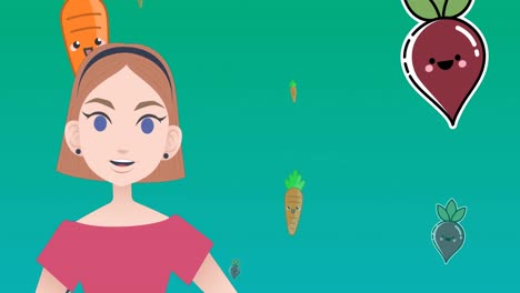 animación de una mujer hablando sobre iconos de verduras