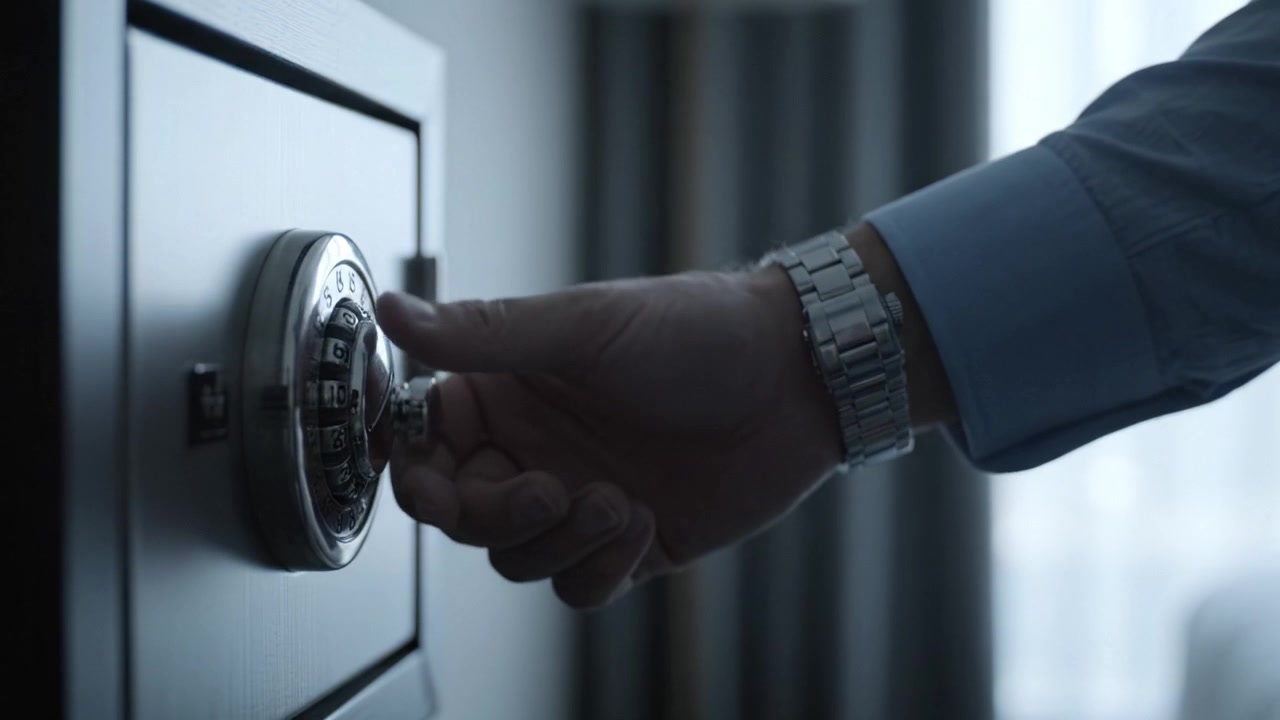 A Close-Up View of a Secure Hotel Safe Being Accessed, Highlighting the Safe's Dial and Opening Mechanism with a Hand Grasping the Handle