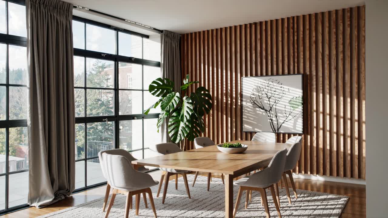 Modern dining room with a wooden table, chairs, and a plant. Shot from a wide-angle, the video