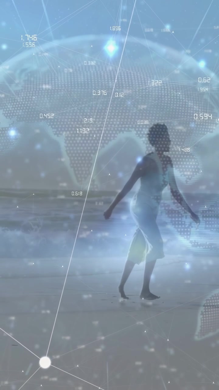 Parent and child exploring shore, child letting go stepping toward water, data globe overlay scene