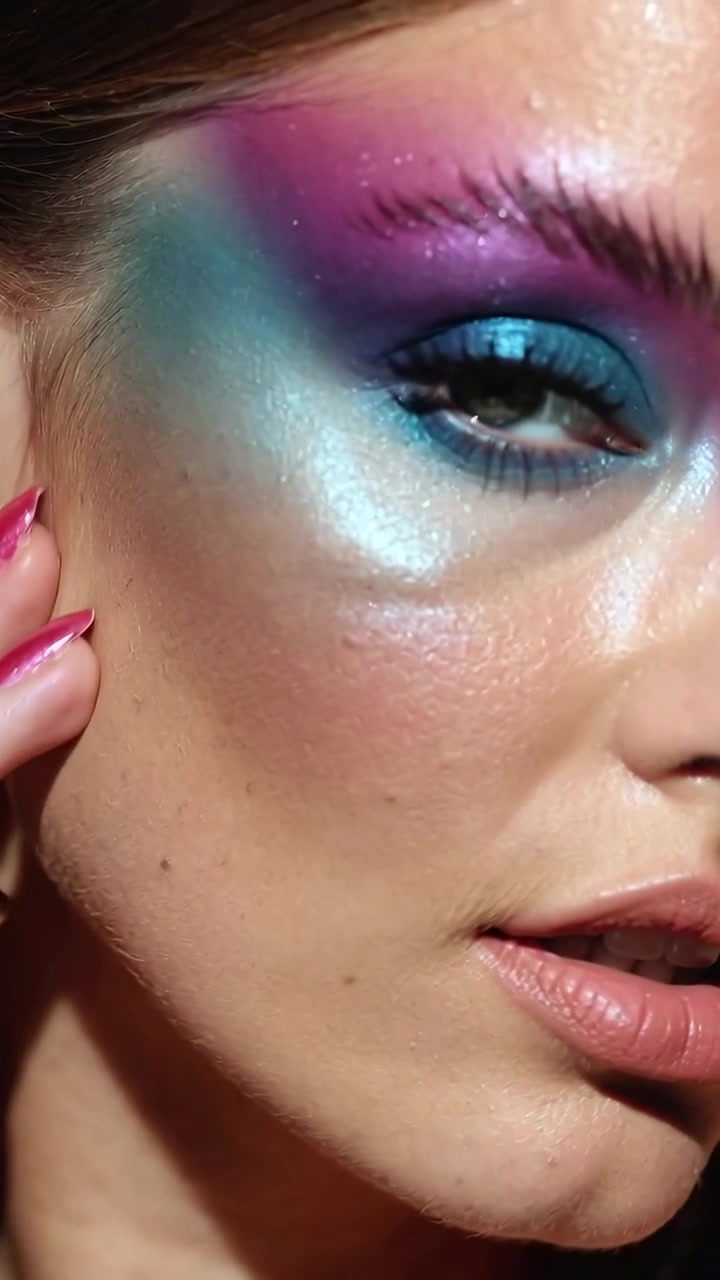 Vertical video: Adjusting model touching earring on camera roll, blinking, showing makeup in studio