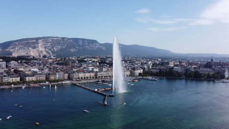 aerial orbit around jet d'eau water fountain lake geneva - sunny day