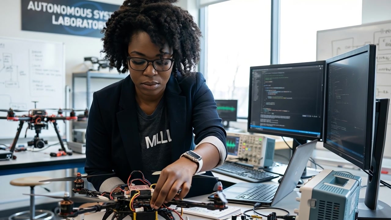 Professional female engineer working on a drone in a robotics and autonomous systems laboratory