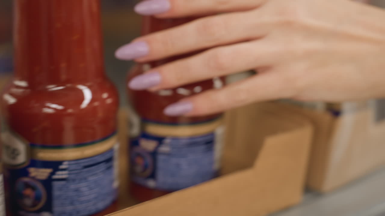 Close up of woman manicured fingernails sliding through plastic wrap on ketchup cartons on supermarket shelf rails highlighting polished nails wrist watch and blurred retail background