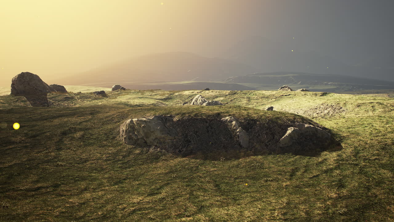 paisaje de montaña al atardecer con el tono en primer plano en el campo