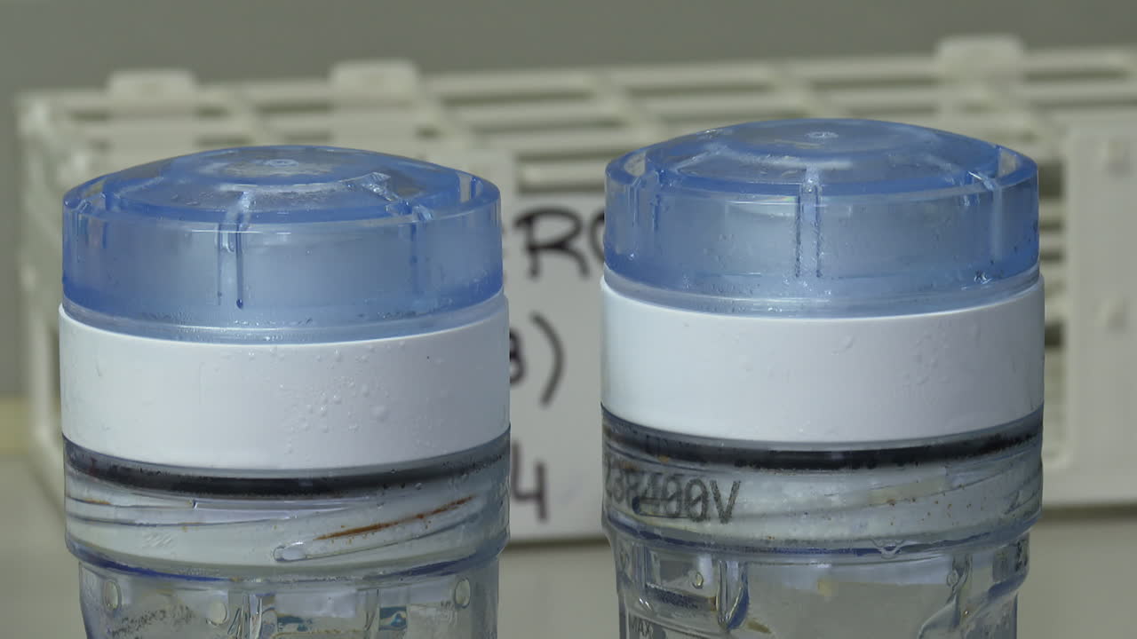 Close-up view of water filters or safety devices