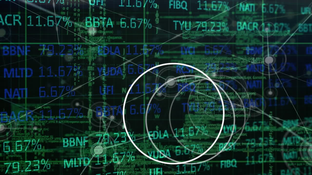 Animation of circles moving over data processing and network of connections with glowing spots