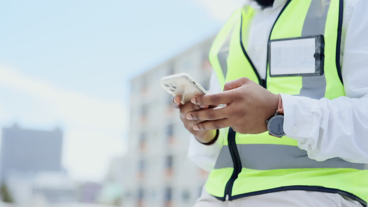 hombre negro, manos y teléfono en la ciudad