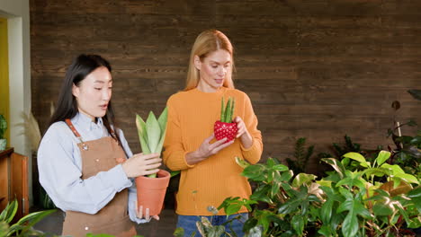 mujeres en una tienda de plantas mirando plantas