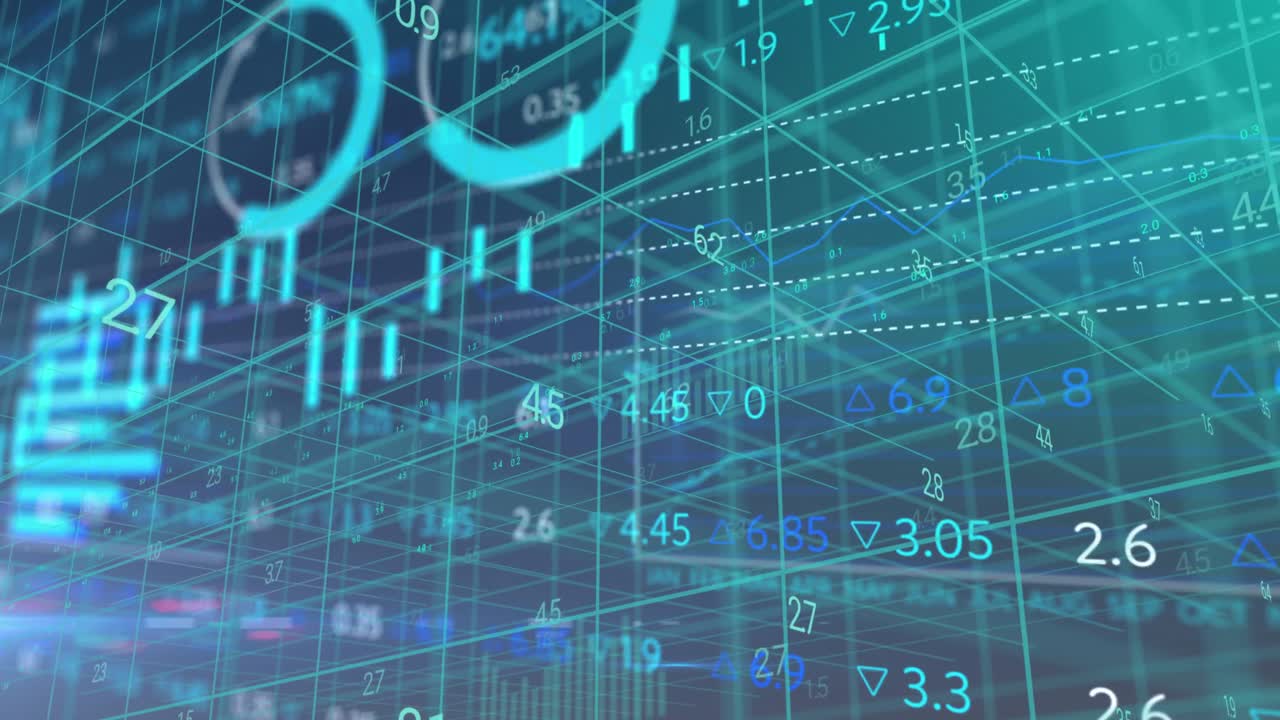 Animation of layers of graphs and charts processing data over 3d grid
