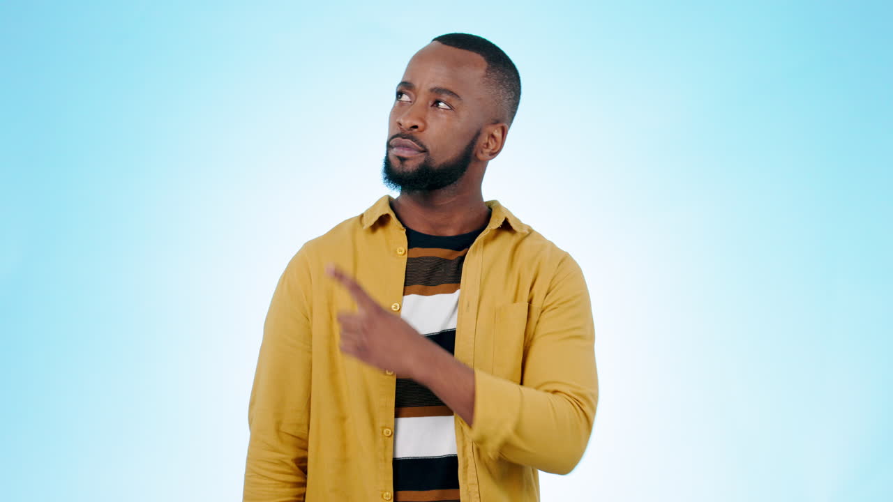 Black man, pointing and decision for promotion