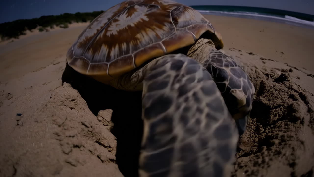 Sea Turtle Nesting at Night on the Beach under Starry Sky